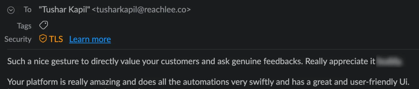 An email from a Reachlee customer praising the product